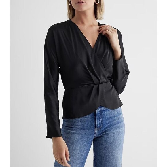 Express Women's Satin Draped Top Size XS Black Long Sleeves Faux Wrap NWT $58 - Picture 1 of 16